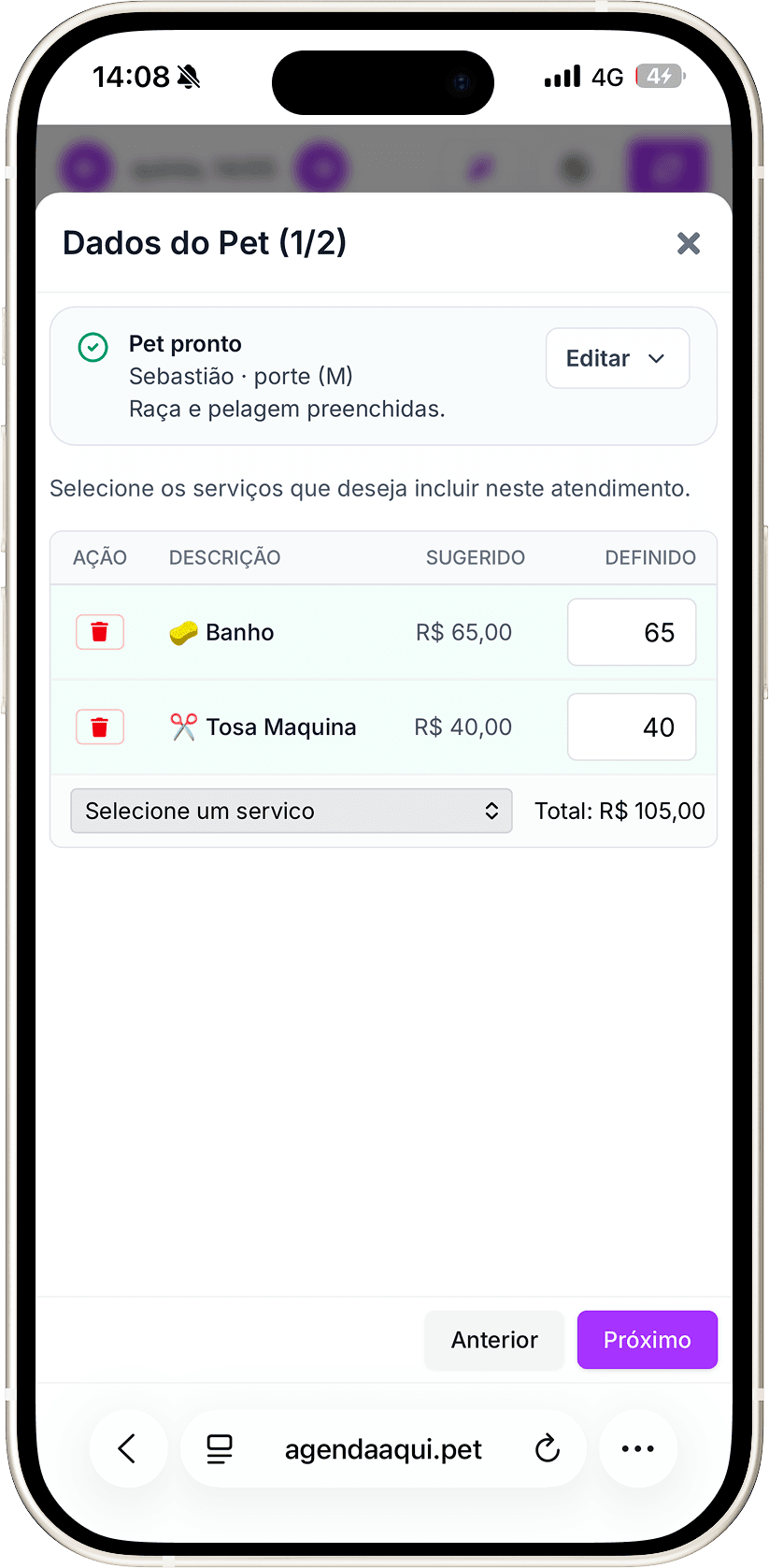 Tela do agendaaqui.pet: Defina os serviços